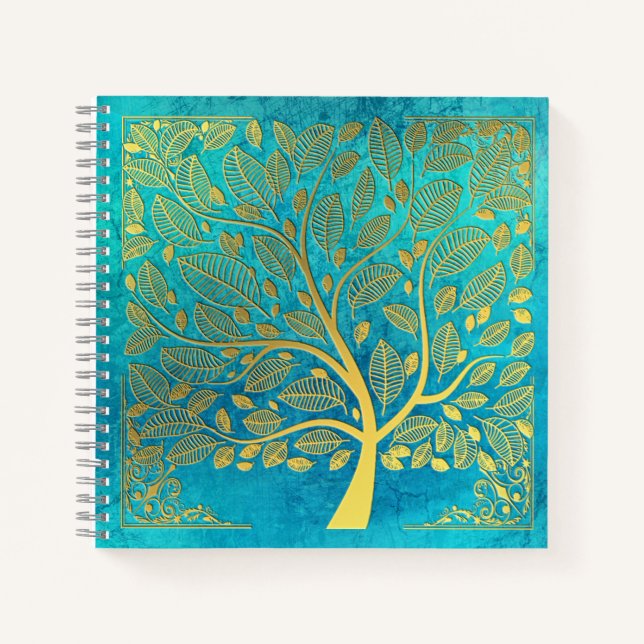 Turquoise Blue and Gold Tree Of Life  Notebook (Front)