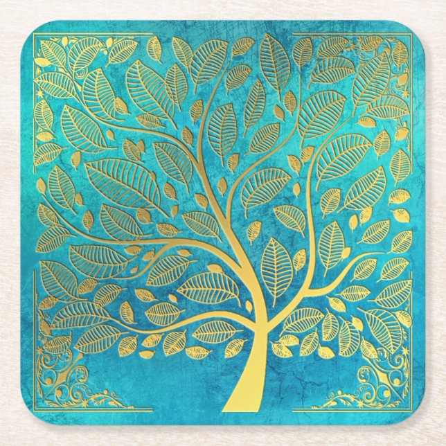Turquoise Blue and Gold Tree Of Life Square Paper Coaster (Front)