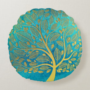 Turquoise Blue and Gold Tree  Round Cushion