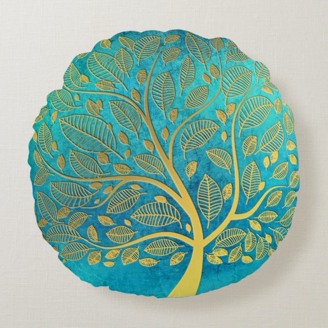 Turquoise Blue and Gold Tree  Round Cushion (Front)