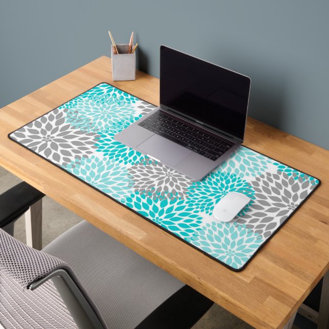 Turquoise Blue and Gray Dahlia Floral Desk Mat (Office 2)