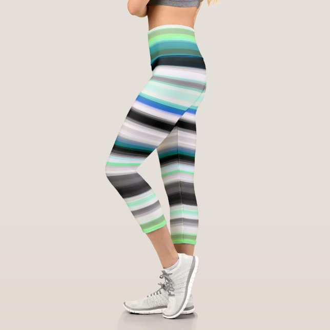 Turquoise, blue and Grey Abstract Stripes Capri Leggings (Left)