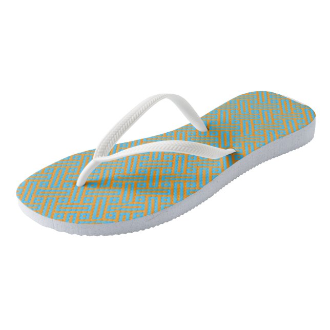 Turquoise blue and orange pattern flip flops (Angled)