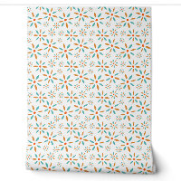 Turquoise Blue And Orange Retro Flower Pattern