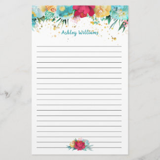 Turquoise Blue and Pink Floral Personalised Lined Stationery