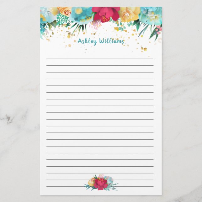 Turquoise Blue and Pink Floral Personalised Lined Stationery (Front)