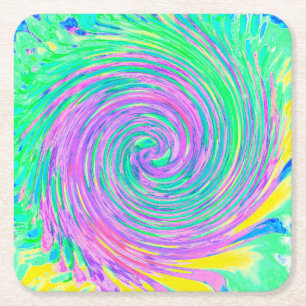 Turquoise Blue and Purple Abstract Swirl Square Paper Coaster