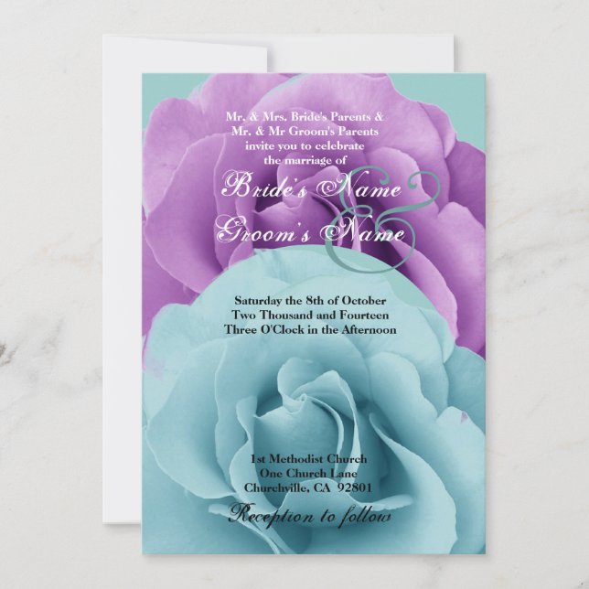 Turquoise  Blue and Purple Rose Wedding Template (Front)