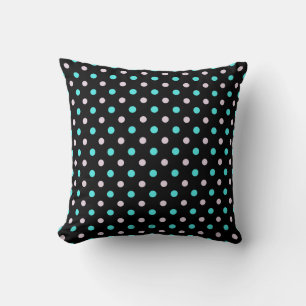turquoise blue and rose polka dots on black cushion