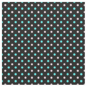 turquoise blue and rose polka dots on black fabric