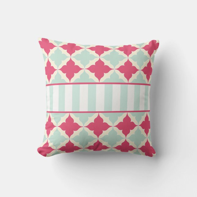 Turquoise Blue and Rose red tile pattern monogram Cushion (Front)