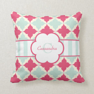 Turquoise Blue and Rose red tile pattern monogram Cushion