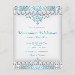 Turquoise Blue and Silver Diamond Quinceañera Invitation