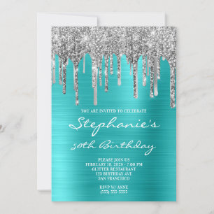 Turquoise Blue and Silver Drip 50th Birthday Invitation