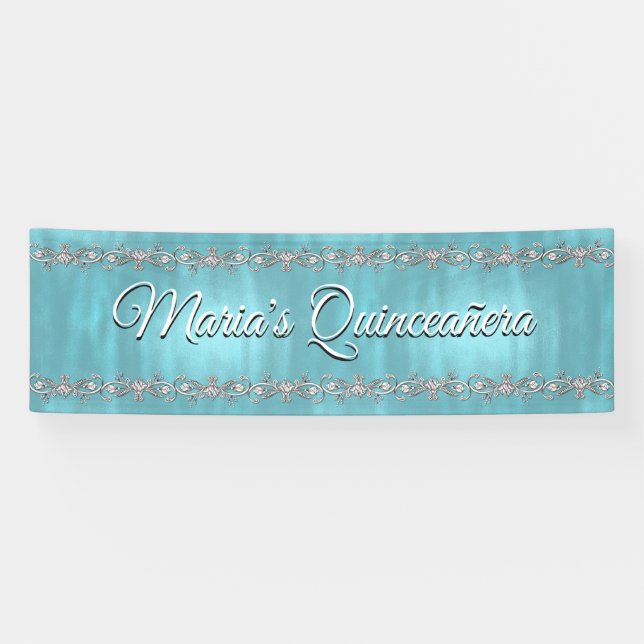 Turquoise Blue and Silver Quinceañera Banner (Horizontal)