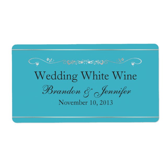 Turquoise Blue and Silver Wedding Mini Wine Labels (Front)