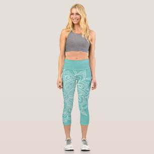 Turquoise Blue and White Mandala Yoga Capri Leggings