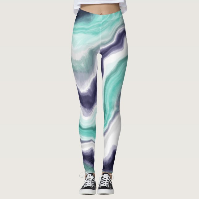 Turquoise, Blue and White Marble Swirls Leggings (Front)