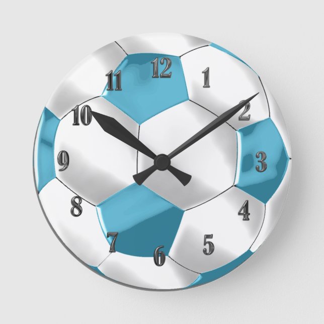Turquoise Blue and White Soccer Ball Round Clock (Front)