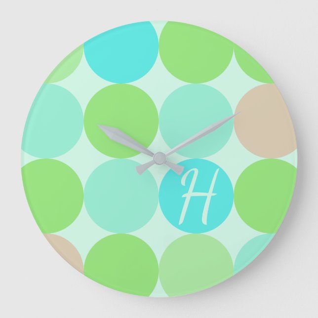 Turquoise Blue, Apple Green & Light Coral Circles Large Clock (Front)
