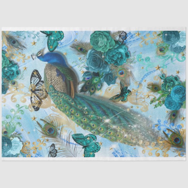 Turquoise Blue Aqua Peacock Decoupage Tissue Paper (Front)