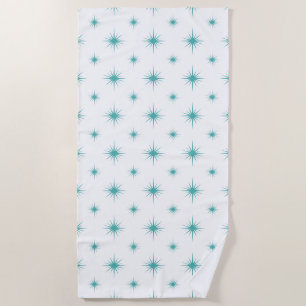 Turquoise Blue Atomic Starburst Midcentury Pattern Beach Towel
