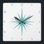 Turquoise Blue Atomic Starburst Numbers Midcentury Square Wall Clock<br><div class="desc">This mid century modern square clock features a bold turquoise blue atomic starburst and matching numbers,  which will make a fantastic addition to the walls of your home or office!</div>