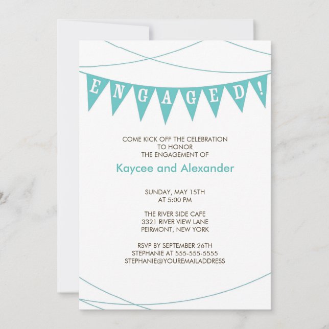 Turquoise Blue Banner Engagement Invitations (Front)
