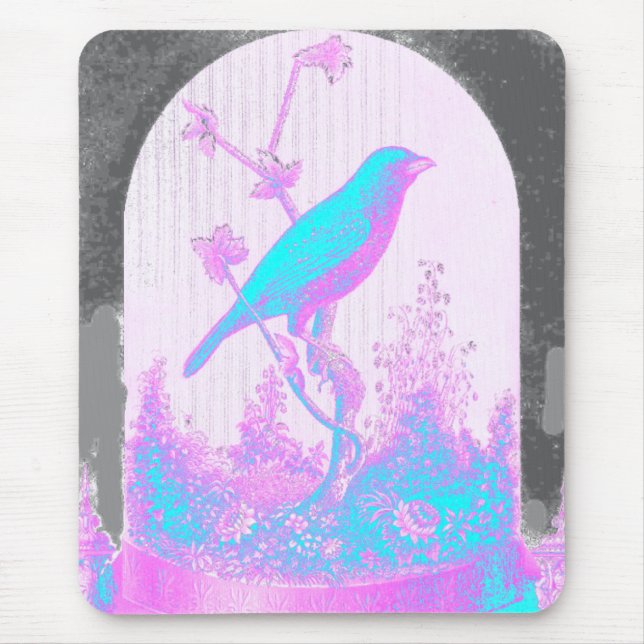 Turquoise Blue Bird, pale pink, purple, black Mouse Mat (Front)