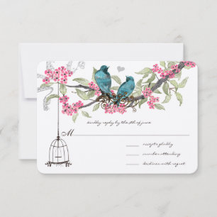 Turquoise Blue Birds Pink Cherry Blossoms Birdcage RSVP Card