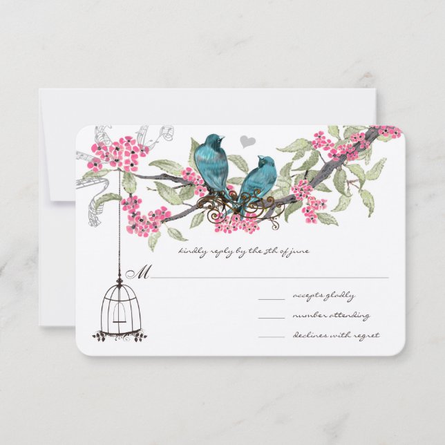 Turquoise Blue Birds Pink Cherry Blossoms Birdcage RSVP Card (Front)