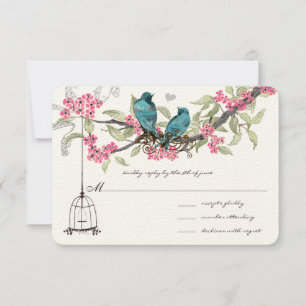 Turquoise Blue Birds Pink Cherry Blossoms Birdcage RSVP Card
