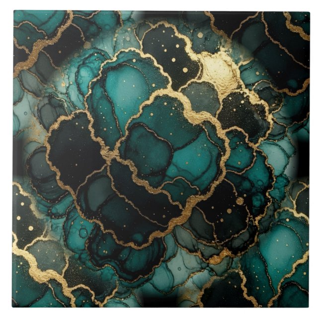 Turquoise Blue, Black and Gold Alcohol Ink Tile (Front)