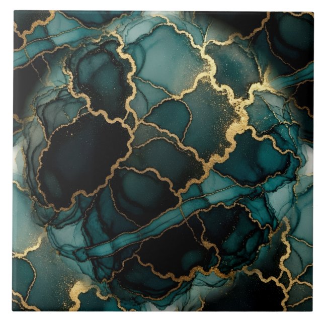 Turquoise Blue, Black and Gold Alcohol Ink Tile (Front)