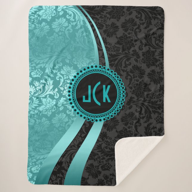 Turquoise-Blue & Black Damasks Geometric Design Sherpa Blanket (Front)