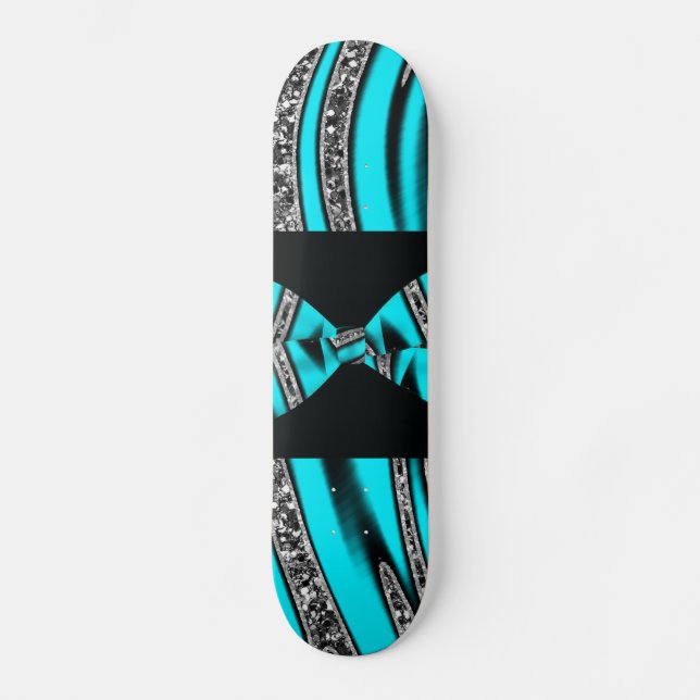 Turquoise Blue & Black Zebra Glitter Stripes Skateboard (Front)