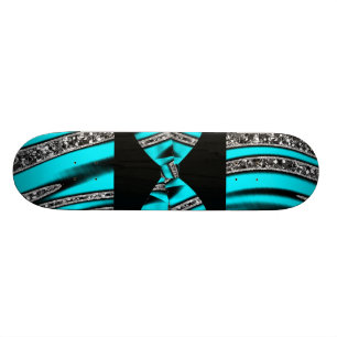 Turquoise Blue & Black Zebra Glitter Stripes Skateboard