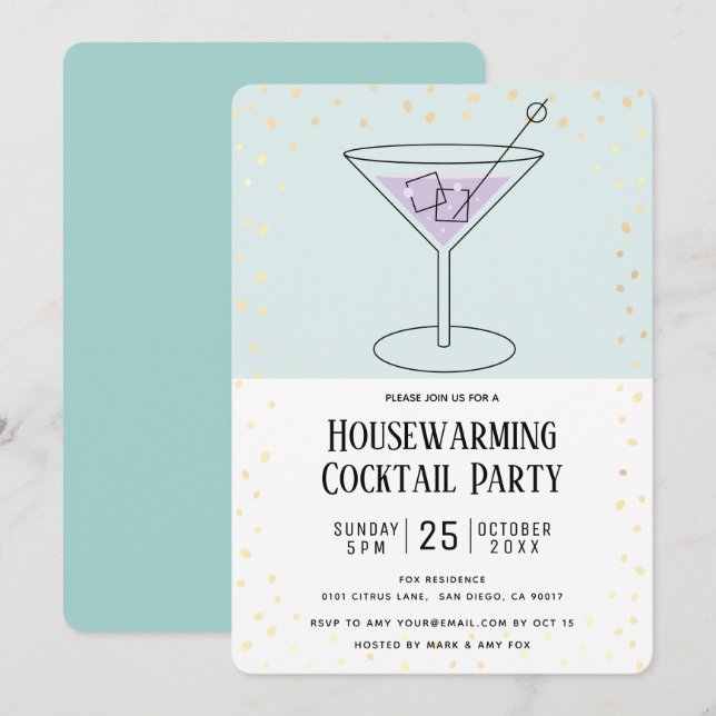 Turquoise Blue Block Housewarming Cocktail Party Invitation (Front/Back)