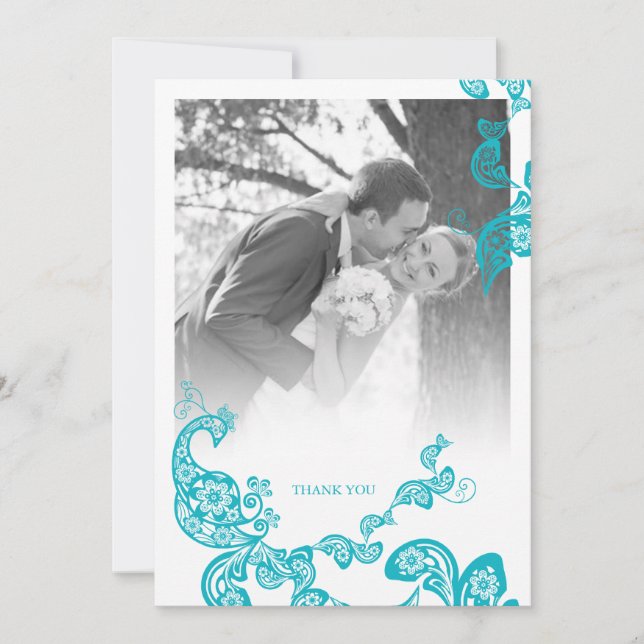 Turquoise Blue Boho Paisley Peacock Photo Wedding Thank You Card (Front)