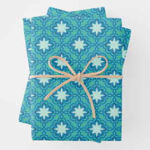 Turquoise Blue Boho Star Pattern Wrapping Paper Sheet