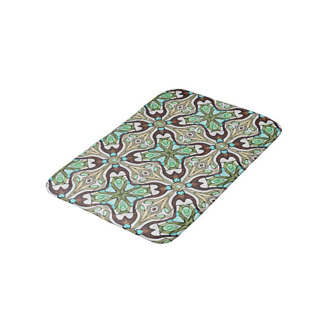 Turquoise Blue Brown Retro Nouveau Deco Pattern Bath Mat (Angled)