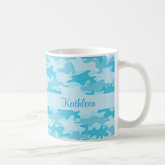 Turquoise Blue Camo Camouflage Name Personalised Coffee Mug (Right)