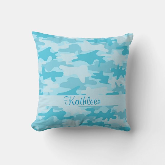 Turquoise Blue Camo Camouflage Name Personalised Cushion (Front)