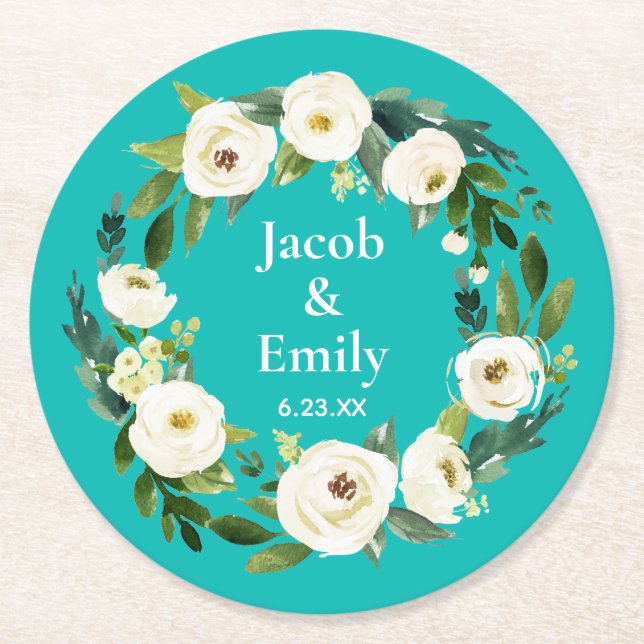 Turquoise Blue Chic Greenery Personalised Wedding Round Paper Coaster (Front)