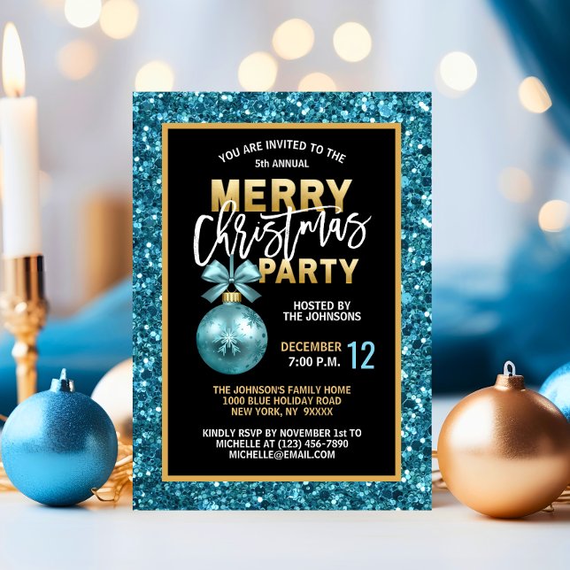 Turquoise Blue Christmas PARTY Black Gold Glitter Invitation (Turquoise Blue Christmas PARTY Black Gold Glitter Invitation)