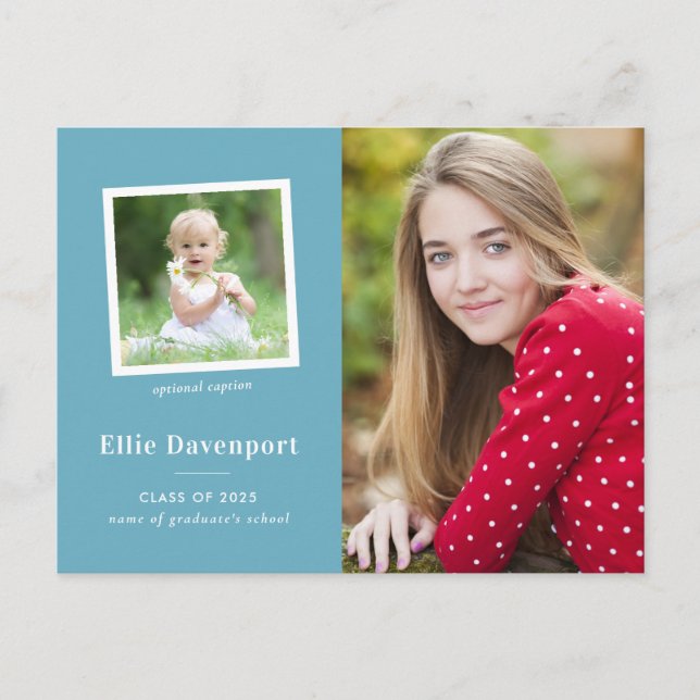 Turquoise Blue Classic Two Photo Graduation Postcard (Front)