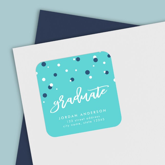 Turquoise Blue Confetti Graduate Return Address Square Sticker (Creator Uploaded)