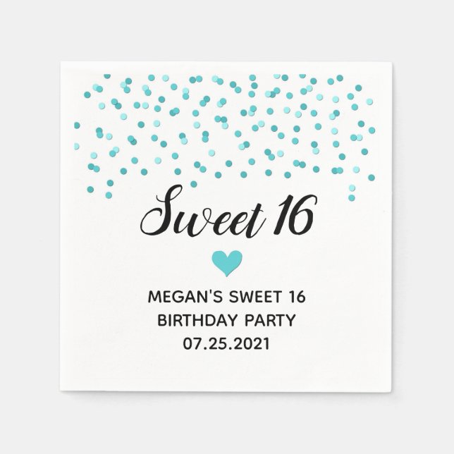 Turquoise Blue Confetti Sweet 16 Birthday Napkin (Front)