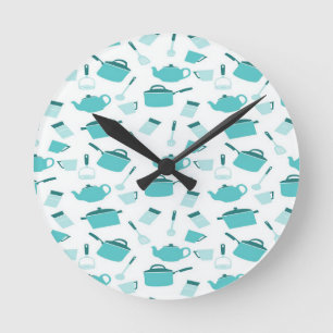 Turquoise Blue Cooking Kitchen Utensils Abstract Round Clock