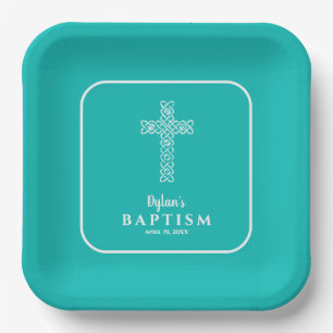 Turquoise Blue Cross Communion Baptism Christening Paper Plate